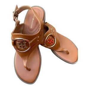 Tommy Hilfiger Tan Brown Leather T-Strap Sandals